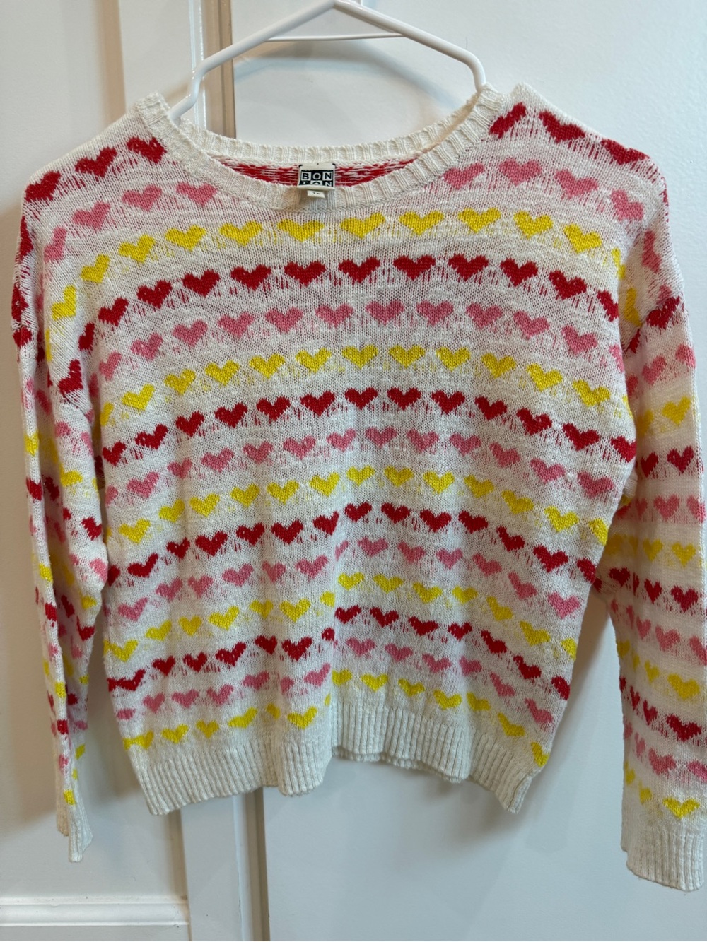 Bonton Cream Knit Crewneck Sweater with Red, Pink & Yellow Hearts